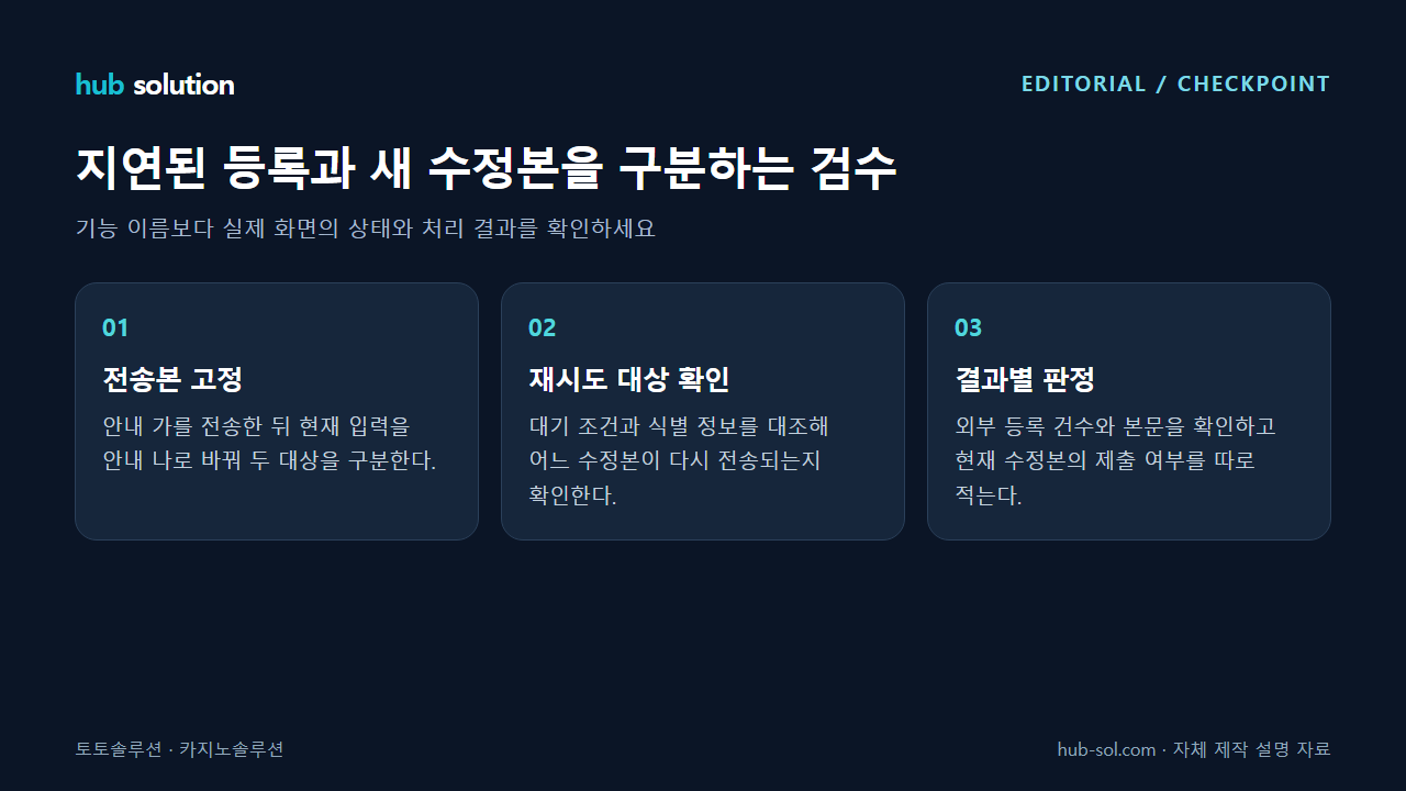 지연된 등록과 새 수정본을 구분하는 검수